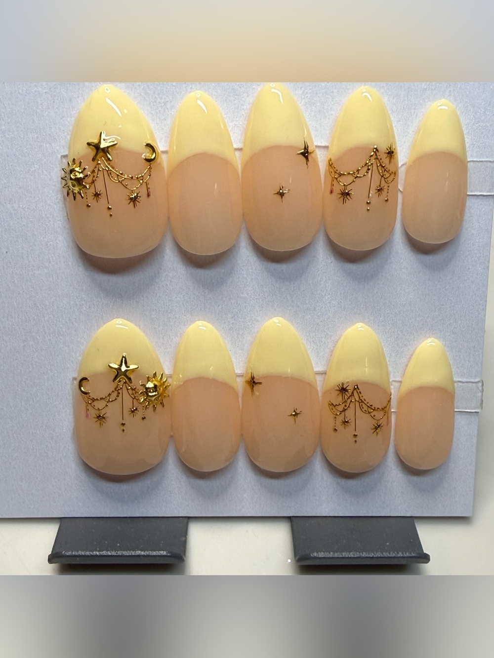 Medium almond Elegant Pale Yellow French Tip Press-On Nails with Gold Stars